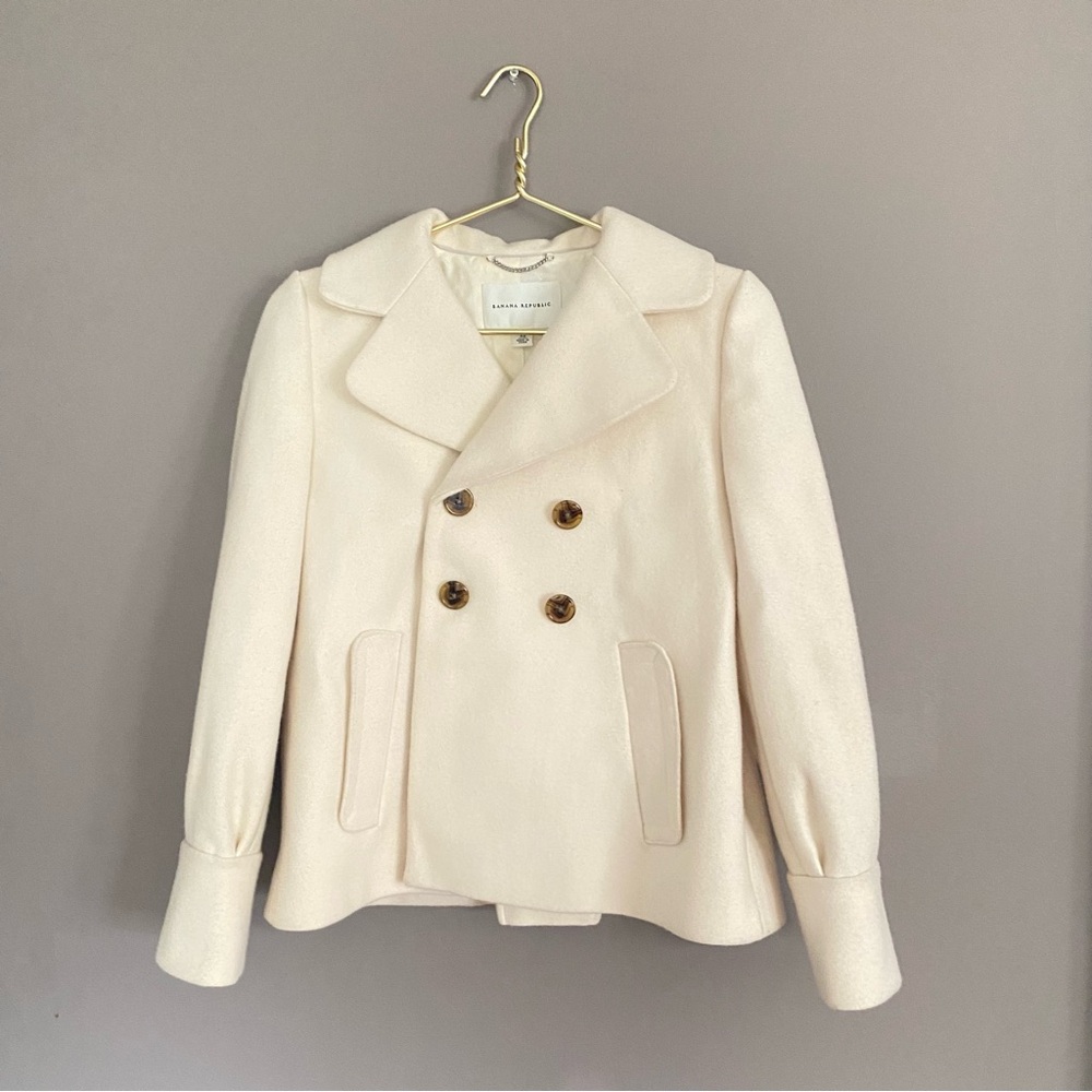 Banana Republic Cream Double-Breasted Wool Pea Coat